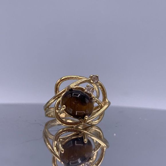 Vintage Sterling Silver Chrysoberyl Cabochon Open-Work Ring - Picture 1 of 8
